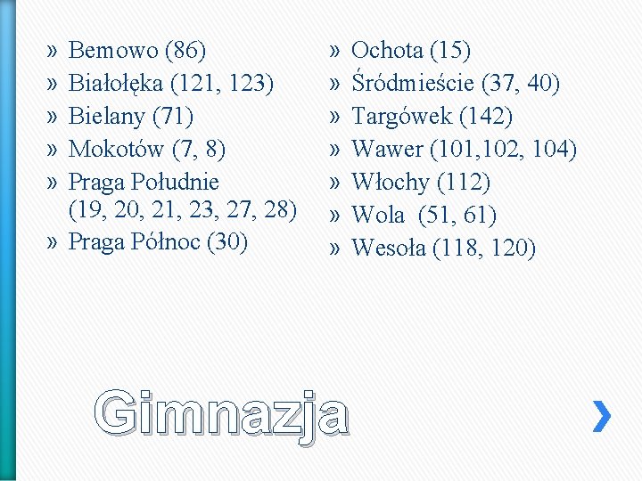 » » » Bemowo (86) Białołęka (121, 123) Bielany (71) Mokotów (7, 8) Praga