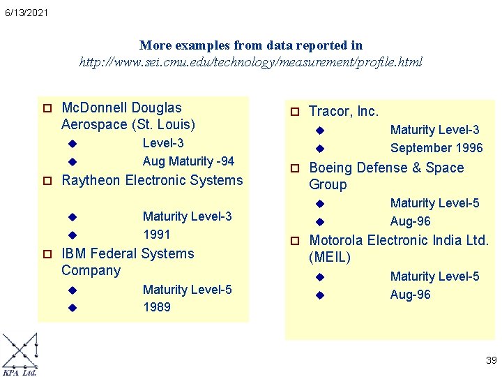 6/13/2021 More examples from data reported in http: //www. sei. cmu. edu/technology/measurement/profile. html p