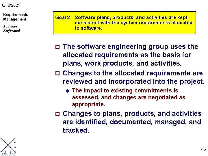 6/13/2021 Requirements Management Activities Performed Goal 2: Software plans, products, and activities are kept