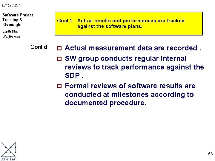 6/13/2021 Software Project Tracking & Oversight Goal 1: Actual results and performances are tracked