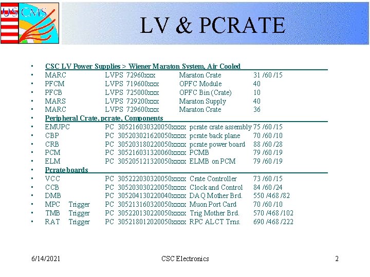 LV & PCRATE • • • • • CSC LV Power Supplies > Wiener