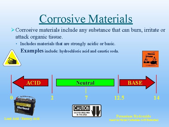 Corrosive Materials Ø Corrosive materials include any substance that can burn, irritate or attack