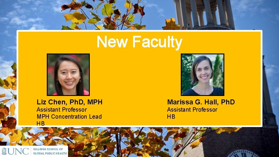 New Faculty Liz Chen, Ph. D, MPH Marissa G. Hall, Ph. D Assistant Professor