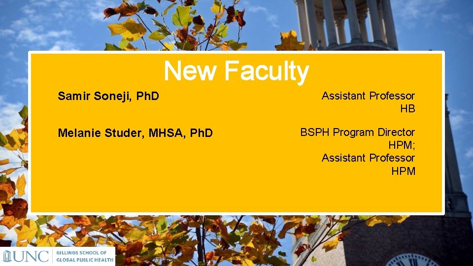 New Faculty Samir Soneji, Ph. D Melanie Studer, MHSA, Ph. D Assistant Professor HB
