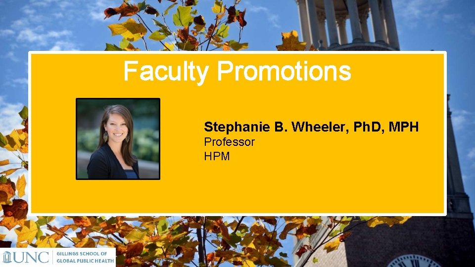 Faculty Promotions Stephanie B. Wheeler, Ph. D, MPH Professor HPM 