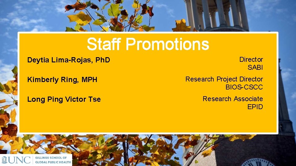 Staff Promotions Deytia Lima-Rojas, Ph. D Kimberly Ring, MPH Long Ping Victor Tse Director