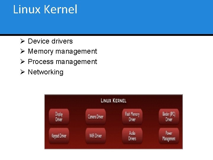 Linux Kernel Ø Ø Device drivers Memory management Process management Networking 