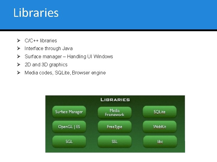 Libraries Ø C/C++ libraries Ø Interface through Java Ø Surface manager – Handling UI