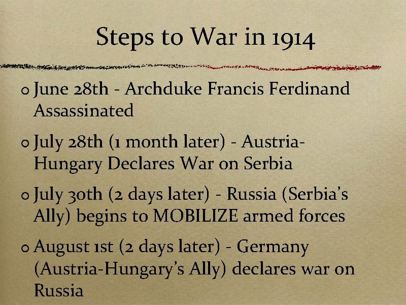 Steps to War in 1914 June 28 th - Archduke Francis Ferdinand Assassinated July