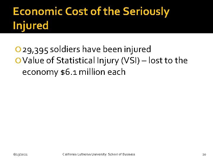 Economic Cost of the Seriously Injured 29, 395 soldiers have been injured Value of