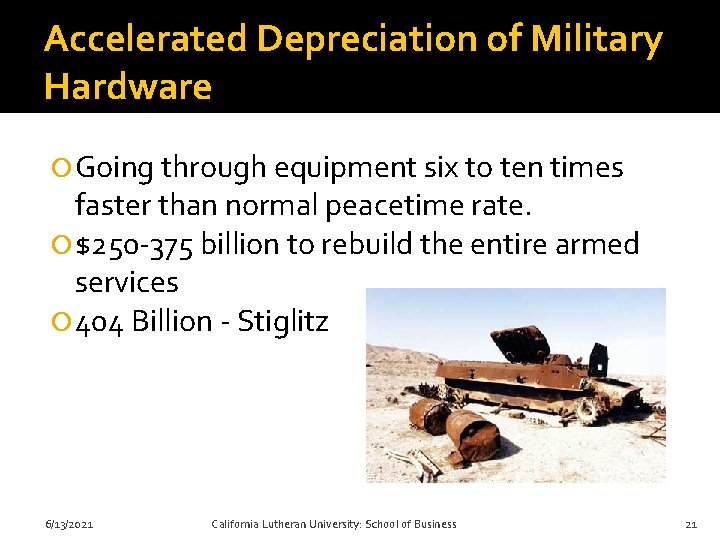 Accelerated Depreciation of Military Hardware Going through equipment six to ten times faster than