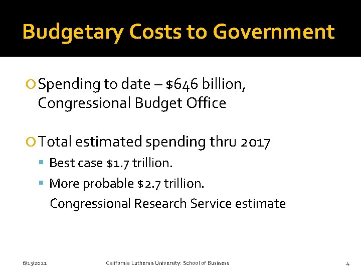 Budgetary Costs to Government Spending to date – $646 billion, Congressional Budget Office Total