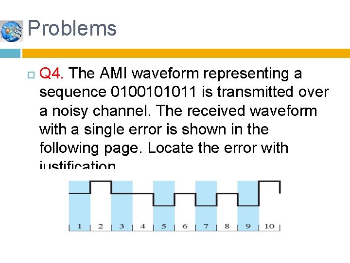 Problems Q 4. The AMI waveform representing a sequence 0100101011 is transmitted over a