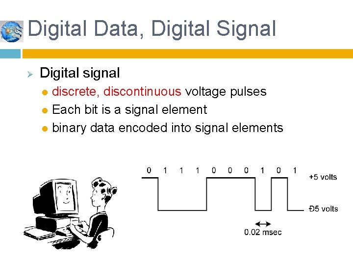 Digital Data, Digital Signal Ø Digital signal discrete, discontinuous voltage pulses l Each bit