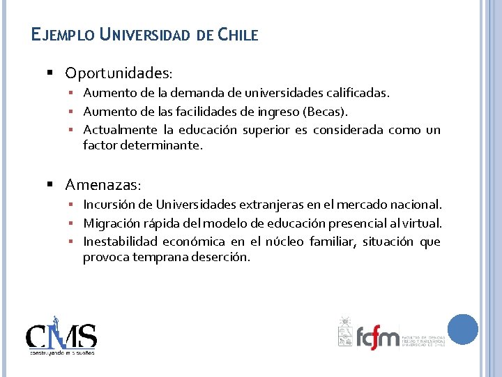 EJEMPLO UNIVERSIDAD DE CHILE Oportunidades: Aumento de la demanda de universidades calificadas. Aumento de