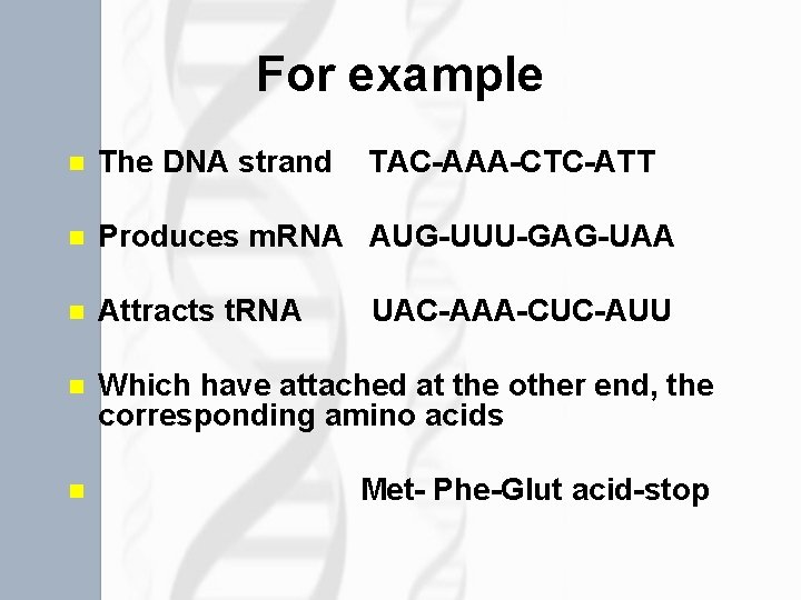 For example n The DNA strand TAC-AAA-CTC-ATT n Produces m. RNA AUG-UUU-GAG-UAA n Attracts