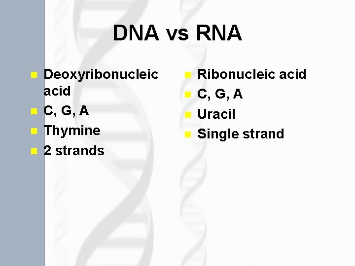 DNA vs RNA n n Deoxyribonucleic acid C, G, A Thymine 2 strands n