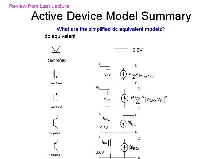 Review from Last Lecture Active Device Model Summary What are the simplified dc equivalent Review from Last Lecture Active Device Model Summary What are the simplified dc equivalent
