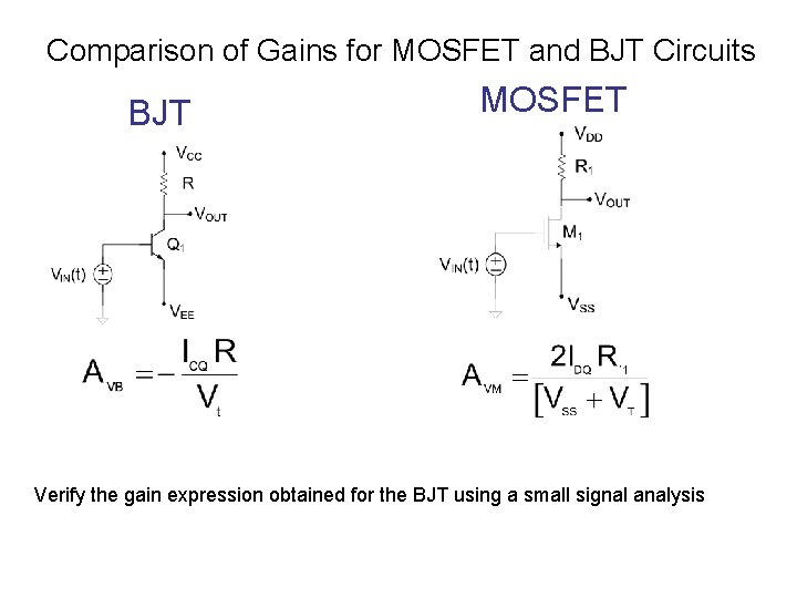 Comparison of Gains for MOSFET and BJT Circuits BJT MOSFET Verify the gain expression Comparison of Gains for MOSFET and BJT Circuits BJT MOSFET Verify the gain expression