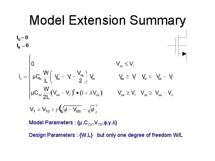 Model Extension Summary Model Parameters : {μ, COX, VT 0, φ, γ, λ} Design Model Extension Summary Model Parameters : {μ, COX, VT 0, φ, γ, λ} Design