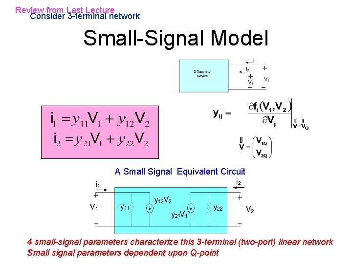 Review from Last Lecture Consider 3 -terminal network Small-Signal Model A Small Signal Equivalent Review from Last Lecture Consider 3 -terminal network Small-Signal Model A Small Signal Equivalent