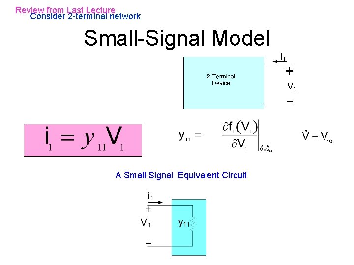 Review from Last Lecture Consider 2 -terminal network Small-Signal Model A Small Signal Equivalent Review from Last Lecture Consider 2 -terminal network Small-Signal Model A Small Signal Equivalent