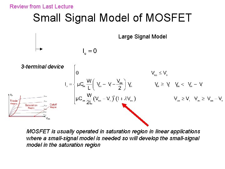 Review from Last Lecture Small Signal Model of MOSFET Large Signal Model 3 -terminal Review from Last Lecture Small Signal Model of MOSFET Large Signal Model 3 -terminal