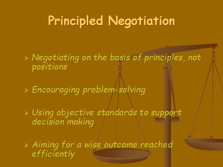 Principled Negotiation Ø Ø Negotiating on the basis of principles, not positions Encouraging problem-solving