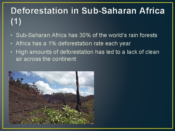 Deforestation in Sub-Saharan Africa (1) • Sub-Saharan Africa has 30% of the world’s rain