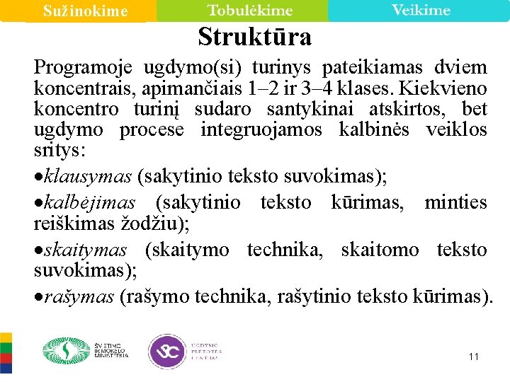 Sužinokime Struktūra Programoje ugdymo(si) turinys pateikiamas dviem koncentrais, apimančiais 1– 2 ir 3– 4