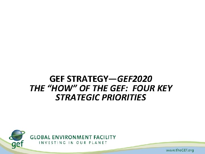 GEF STRATEGY—GEF 2020 THE “HOW” OF THE GEF: FOUR KEY STRATEGIC PRIORITIES 