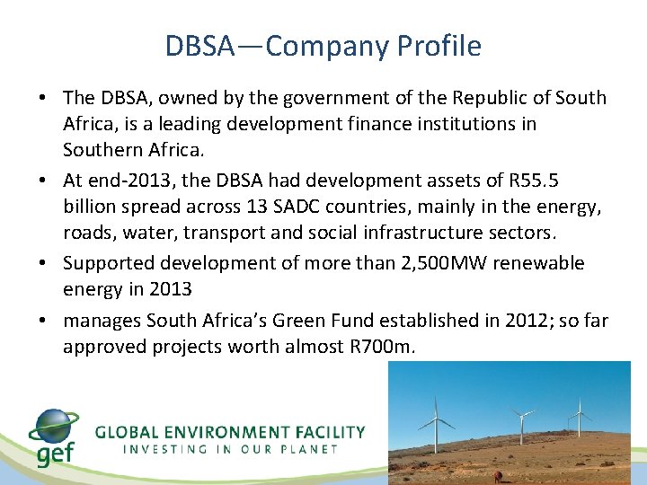 DBSA—Company Profile • The DBSA, owned by the government of the Republic of South