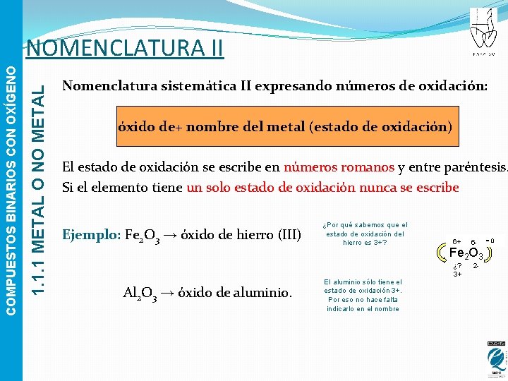 1. 1. 1 METAL O NO METAL COMPUESTOS BINARIOS CON OXÍGENO NOMENCLATURA II Nomenclatura