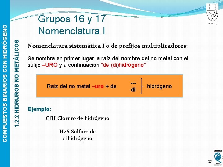 1. 2. 2 HIDRUROS NO METÁLICOS COMPUESTOS BINARIOS CON HIDRÓGENO Grupos 16 y 17