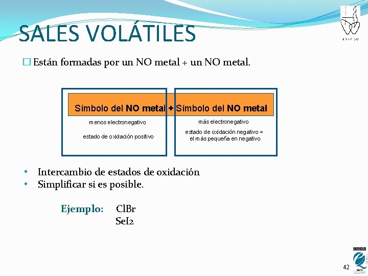 SALES VOLÁTILES � Están formadas por un NO metal + un NO metal. Símbolo