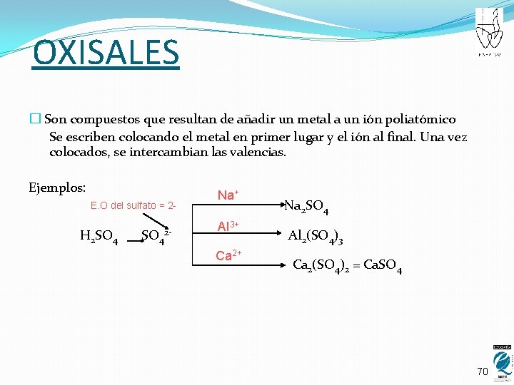 OXISALES � Son compuestos que resultan de añadir un metal a un ión poliatómico