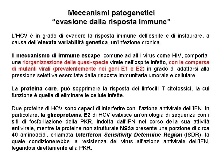 Meccanismi patogenetici “evasione dalla risposta immune” L’HCV è in grado di evadere la risposta