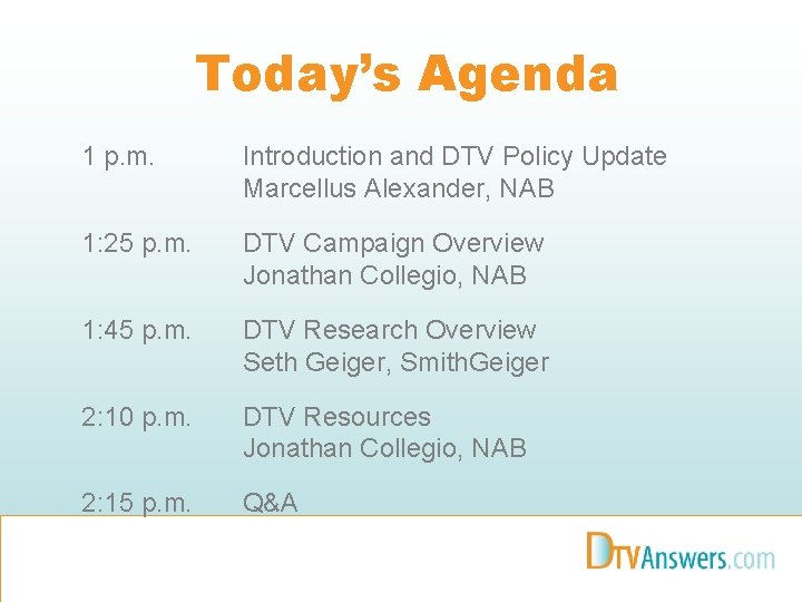 Today’s Agenda 1 p. m. Introduction and DTV Policy Update Marcellus Alexander, NAB 1: