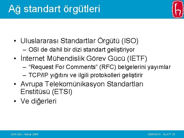 Ağ standart örgütleri • Uluslararası Standartlar Örgütü (ISO) – OSI de dahil bir dizi