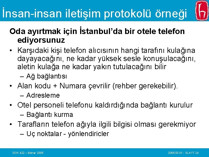 İnsan-insan iletişim protokolü örneği Oda ayırtmak için İstanbul’da bir otelefon ediyorsunuz • Karşıdaki kişi