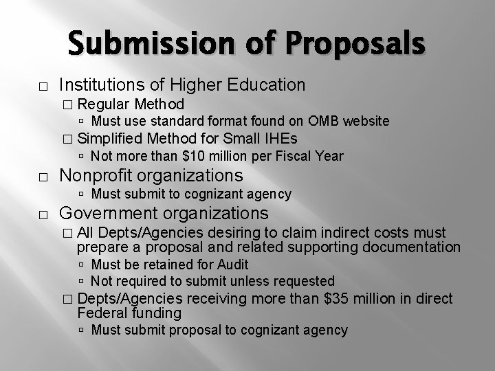 Submission of Proposals � Institutions of Higher Education � Regular Method Must use standard