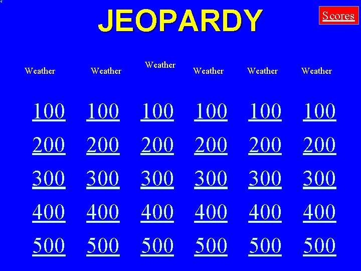 JEOPARDY Weather Weather Scores Weather 100 100 100 200 200 200 300 300 300 JEOPARDY Weather Weather Scores Weather 100 100 100 200 200 200 300 300 300