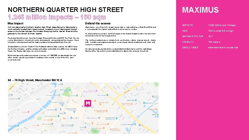 NORTHERN QUARTER HIGH STREET 1. 245 million impacts – 150 sqm Max Impact Behind