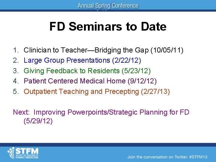 FD Seminars to Date 1. 2. 3. 4. 5. Clinician to Teacher—Bridging the Gap