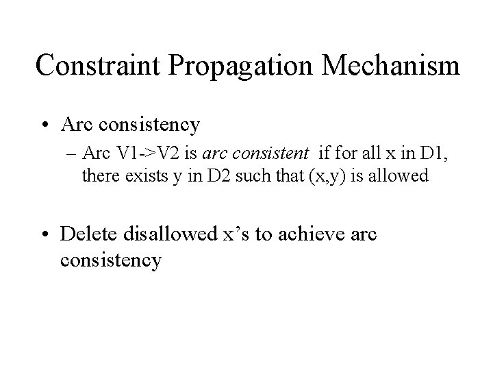 Constraint Propagation Mechanism • Arc consistency – Arc V 1 ->V 2 is arc