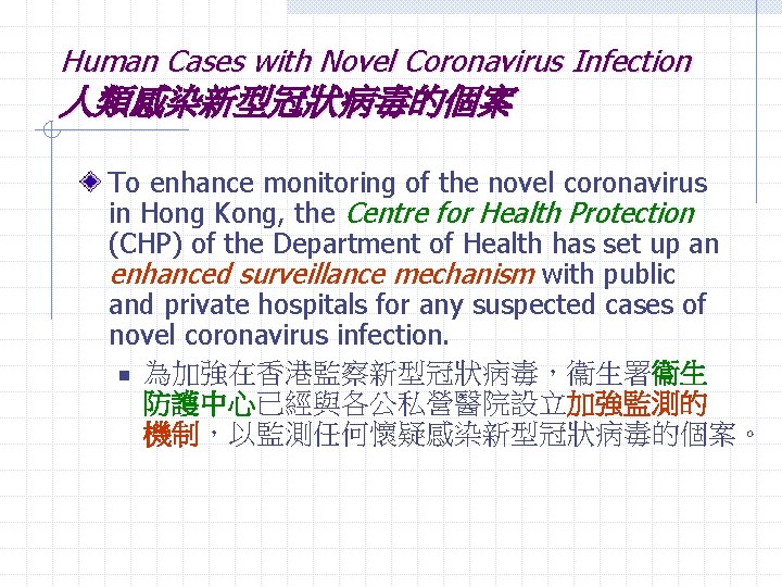 Human Cases with Novel Coronavirus Infection 人類感染新型冠狀病毒的個案 To enhance monitoring of the novel coronavirus