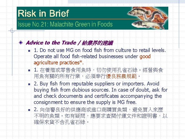 Advice to the Trade / 給業界的建議 n n 1. Do not use MG on