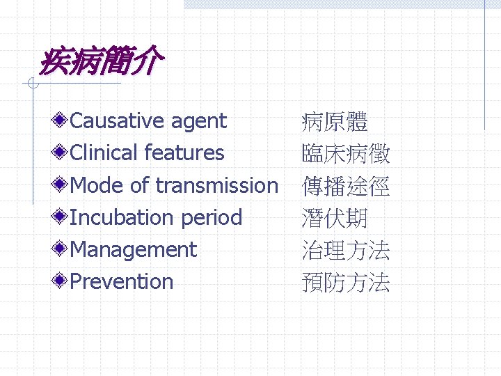 疾病簡介 Causative agent Clinical features Mode of transmission Incubation period Management Prevention 病原體 臨床病徵
