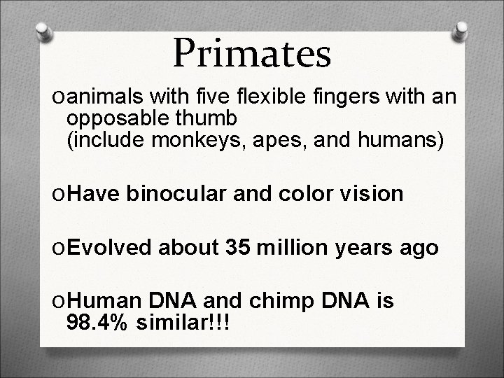 Primates O animals with five flexible fingers with an opposable thumb (include monkeys, apes,