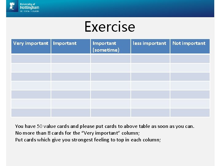 Exercise Very important Important (sometime) less important Not important You have 50 value cards